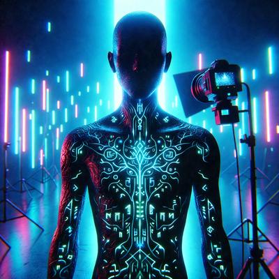 The primary subject of the image is a person, possibly a man, with a blue and purple body and face. The setting is a dark room with a bright background, possibly a neon-lit environment. The visual style appears to be a combination of digital art and illustration, creating a unique and striking appearance. The colors and mood of the image are predominantly blue and purple, giving it a futuristic and otherworldly feel.